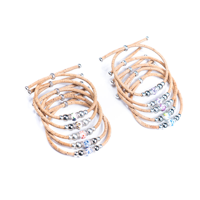 Natural cork thread and colorful ceramic beads handmade women&