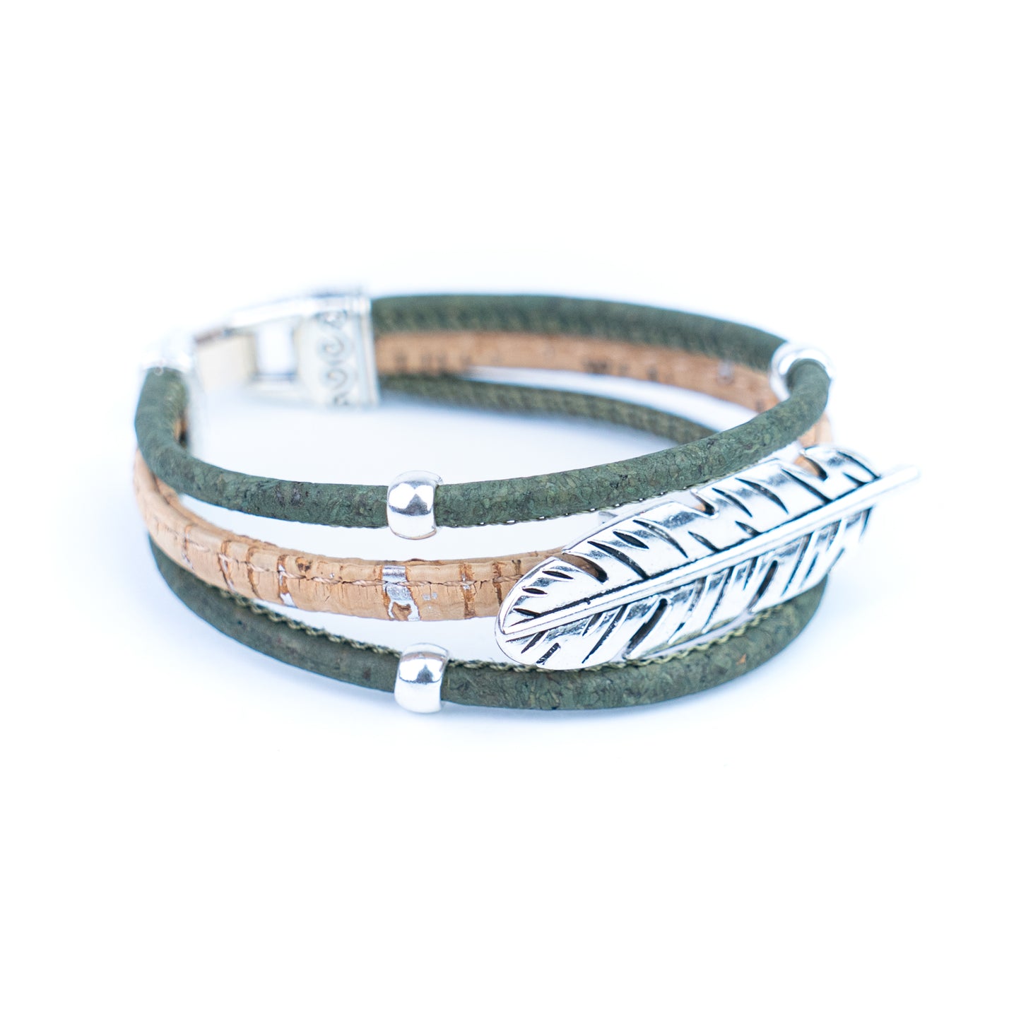 Handmade Portuguese Cork Bracelet Set – Natural Colored Cork with Feather Alloy Charm, Lightweight Eco-Friendly Jewelry（unisex） BRW-023-MIX-5