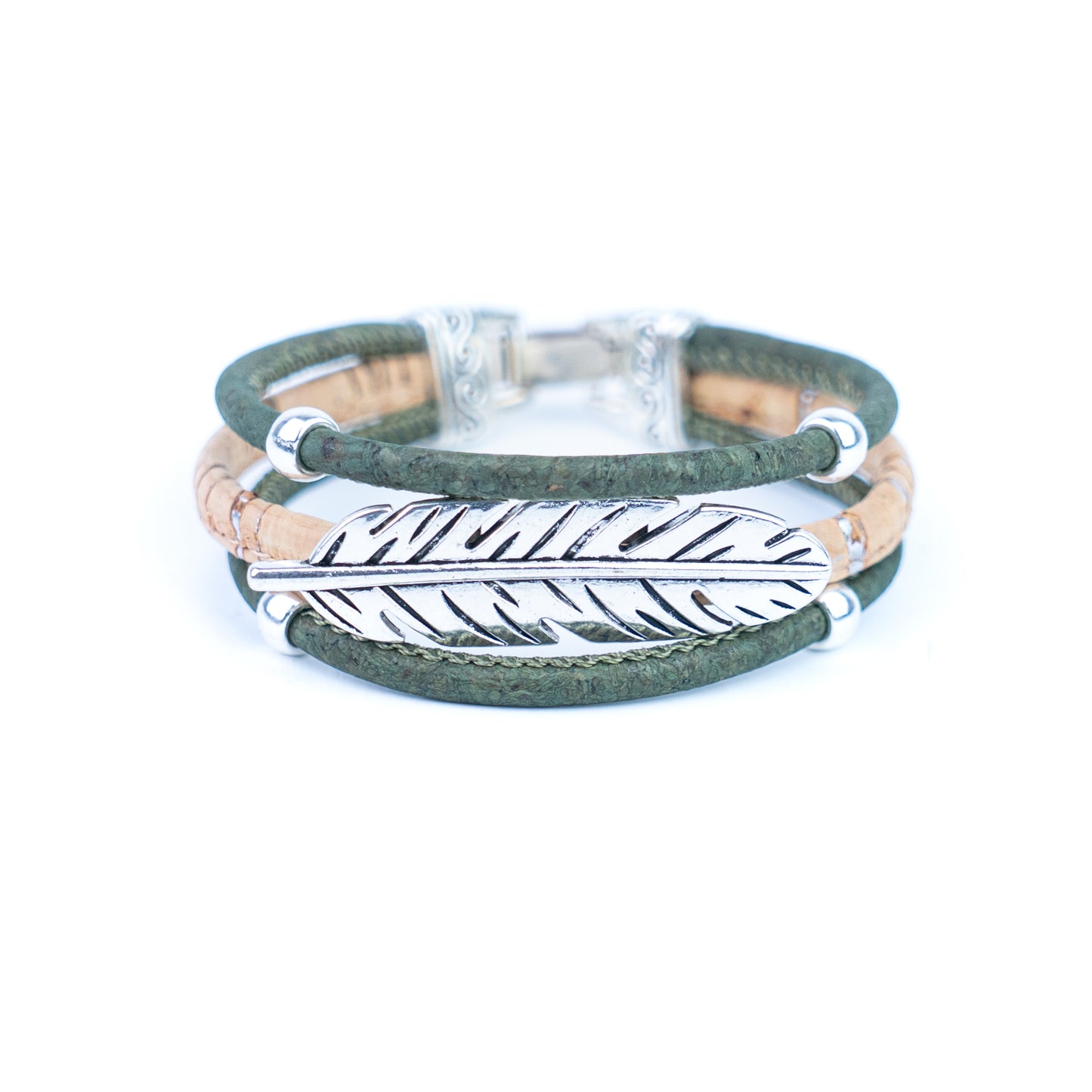 Handmade Portuguese Cork Bracelet Set – Natural Colored Cork with Feather Alloy Charm, Lightweight Eco-Friendly Jewelry（unisex） BRW-023-MIX-5
