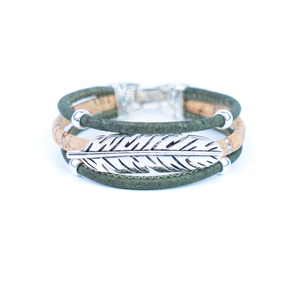 Handmade Portuguese Cork Bracelet Set – Natural Colored Cork with Feather Alloy Charm, Lightweight Eco-Friendly Jewelry（unisex） BRW-023-MIX-5