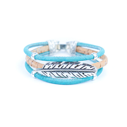 Handmade Portuguese Cork Bracelet Set – Natural Colored Cork with Feather Alloy Charm, Lightweight Eco-Friendly Jewelry（unisex） BRW-023-MIX-5