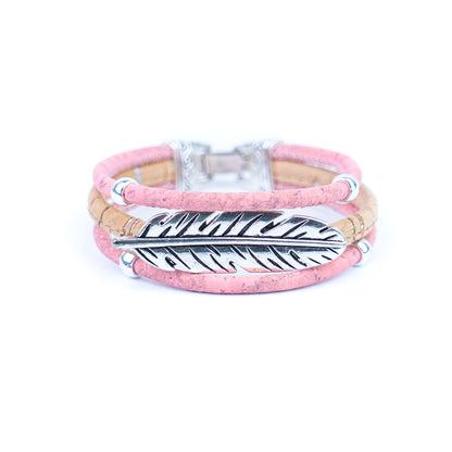 Handmade Portuguese Cork Bracelet Set – Natural Colored Cork with Feather Alloy Charm, Lightweight Eco-Friendly Jewelry（unisex） BRW-023-MIX-5