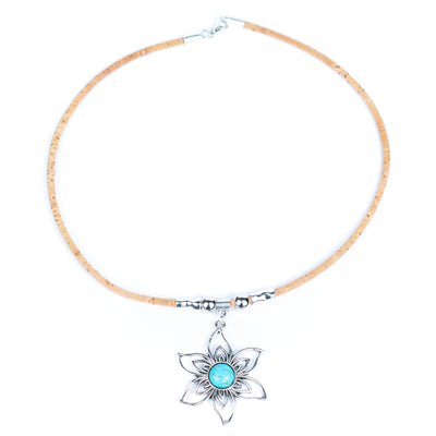 Handmade Natural Cork Necklace with Petal Turquoise Pendant  N-304-MIX-6