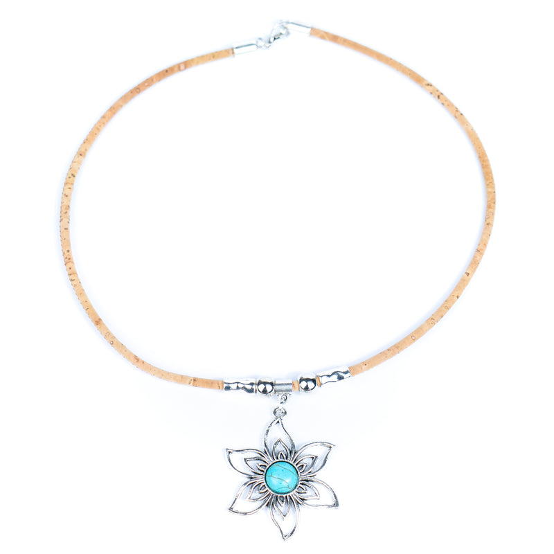 Handmade Natural Cork Necklace with Petal Turquoise Pendant  N-304-MIX-6