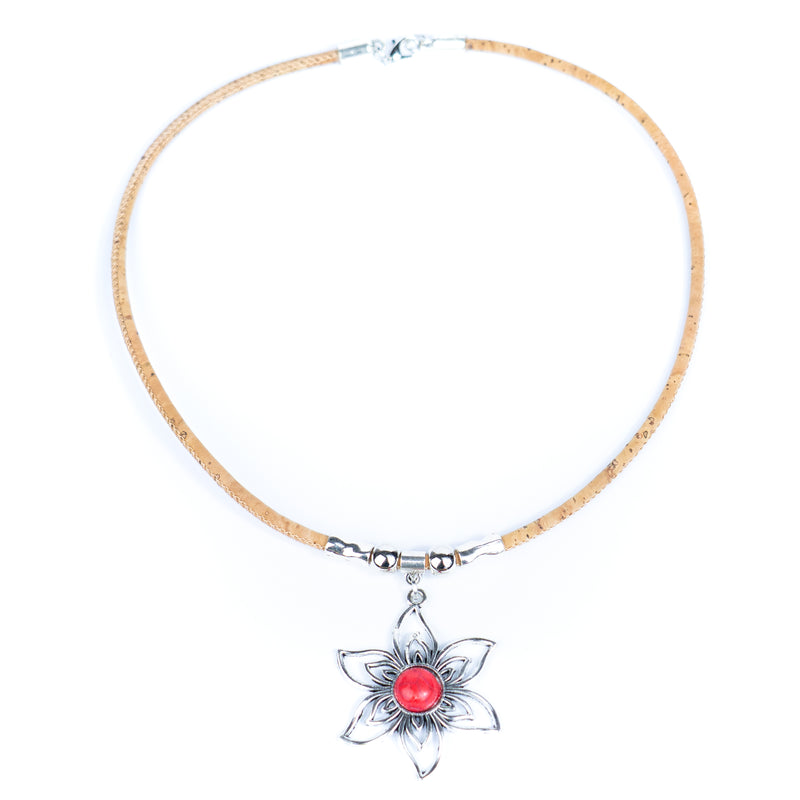 Handmade Natural Cork Necklace with Petal Turquoise Pendant  N-304-MIX-6