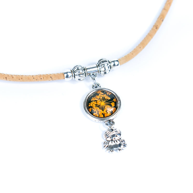 Handmade Natural Cork Necklace with Natural Dried Flower Pendant N-155-MIX-4