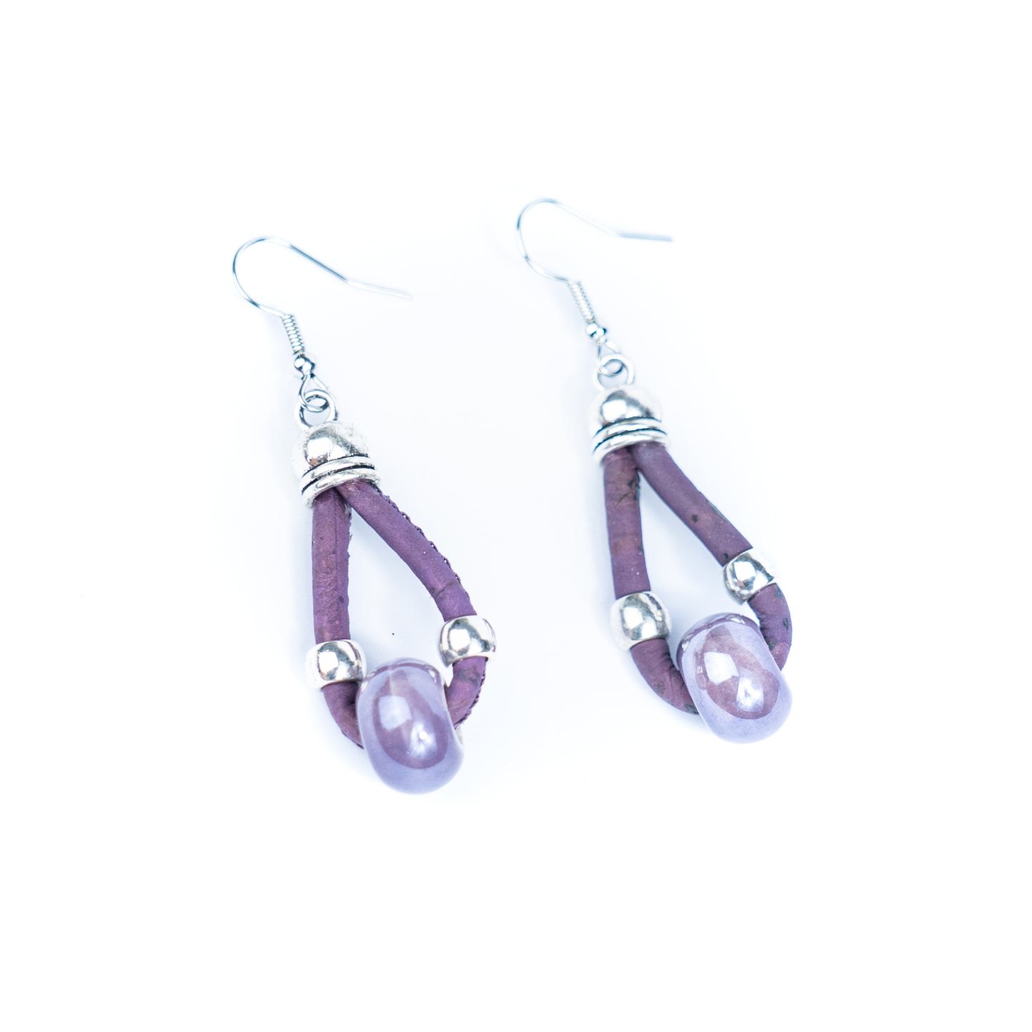 Natural cork cord and colorful ceramic beads handmade women's earrings -ER-140-MIX-5