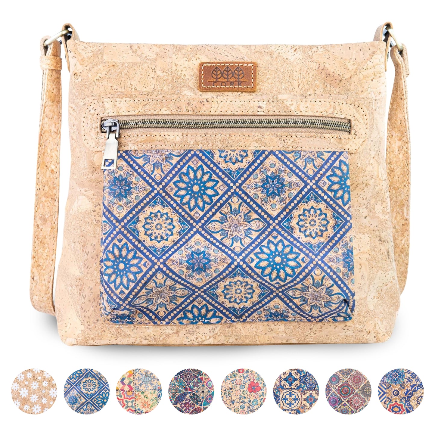 Printed Cork Crossbody Bag with Multiple Zipper Pockets BAGD-665