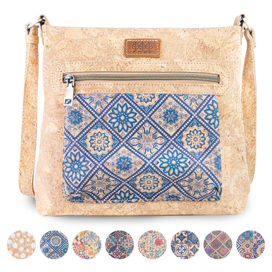 Printed Cork Crossbody Bag with Multiple Zipper Pockets BAGD-665
