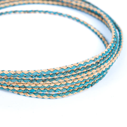 About 5mm Round Natural with Turquoise blue color cork Braided cork cord COR-329A (5 meters)