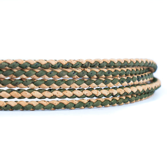 About 5mm Round Natural with  green color cork Braided cork cord COR-378A (5 meters)