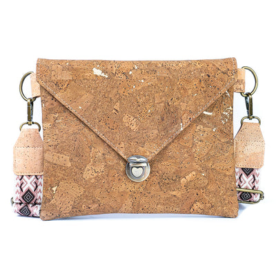 Tobacco-Colored Cork Crossbody Bag with Detachable Wide Strap and Heart-Shaped Snap Closure BAGP-281