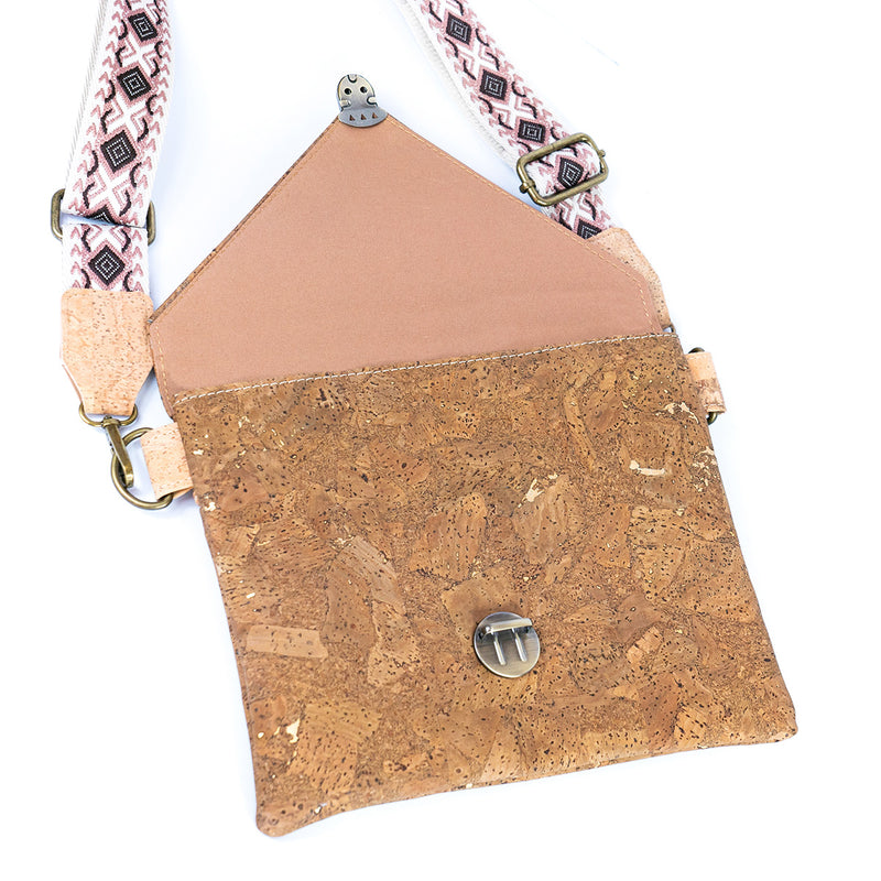 Tobacco-Colored Cork Crossbody Bag with Detachable Wide Strap and Heart-Shaped Snap Closure BAGP-281