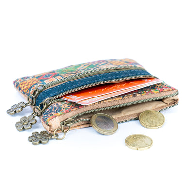 Printed Cork Triple Zipper Coin Purse - BAGD-232-MIX-8（8units）