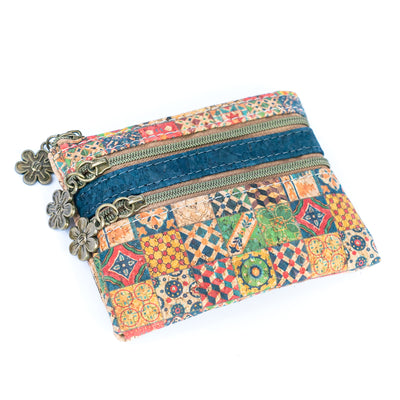 Printed Cork Triple Zipper Coin Purse - BAGD-232-MIX-8（8units）