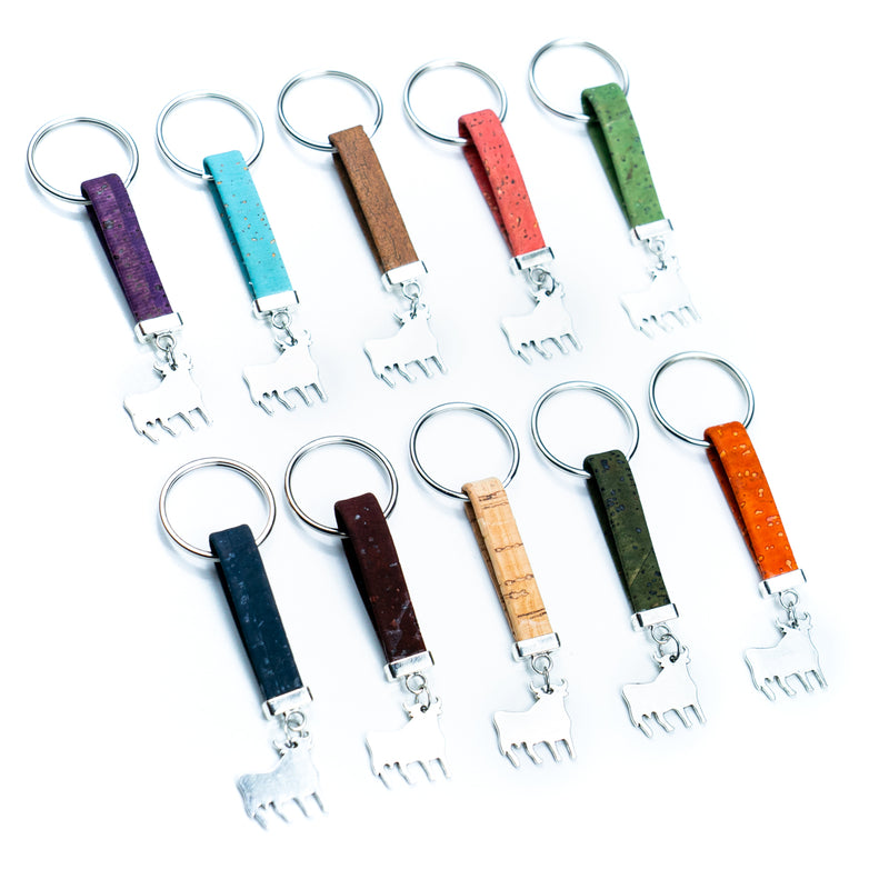10MM flat natural colored cork cord and bull pendant handmade cork keychain  I-04-B-MIX-10