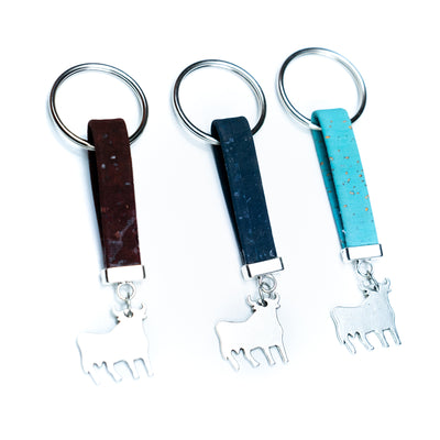 10MM flat natural colored cork cord and bull pendant handmade cork keychain  I-04-B-MIX-10