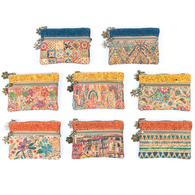 Flash Sale-Charming Printed Cork Women's 3-Zipper Coin Purse (8units)