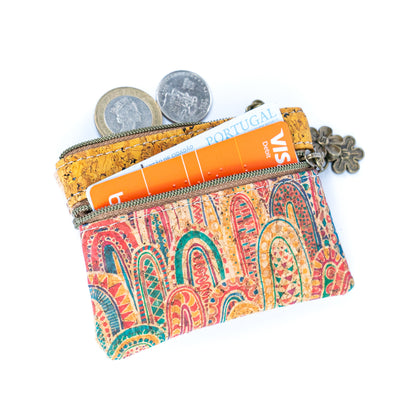 Flash Sale-Charming Printed Cork Women's 3-Zipper Coin Purse (8units)