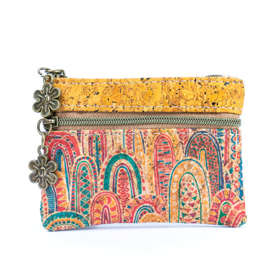 Flash Sale-Charming Printed Cork Women's 3-Zipper Coin Purse (8units)