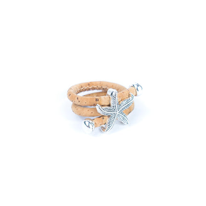 Handcrafted women's ring with natural cork cord and starfish alloy hardware  R-022-MIX-10
