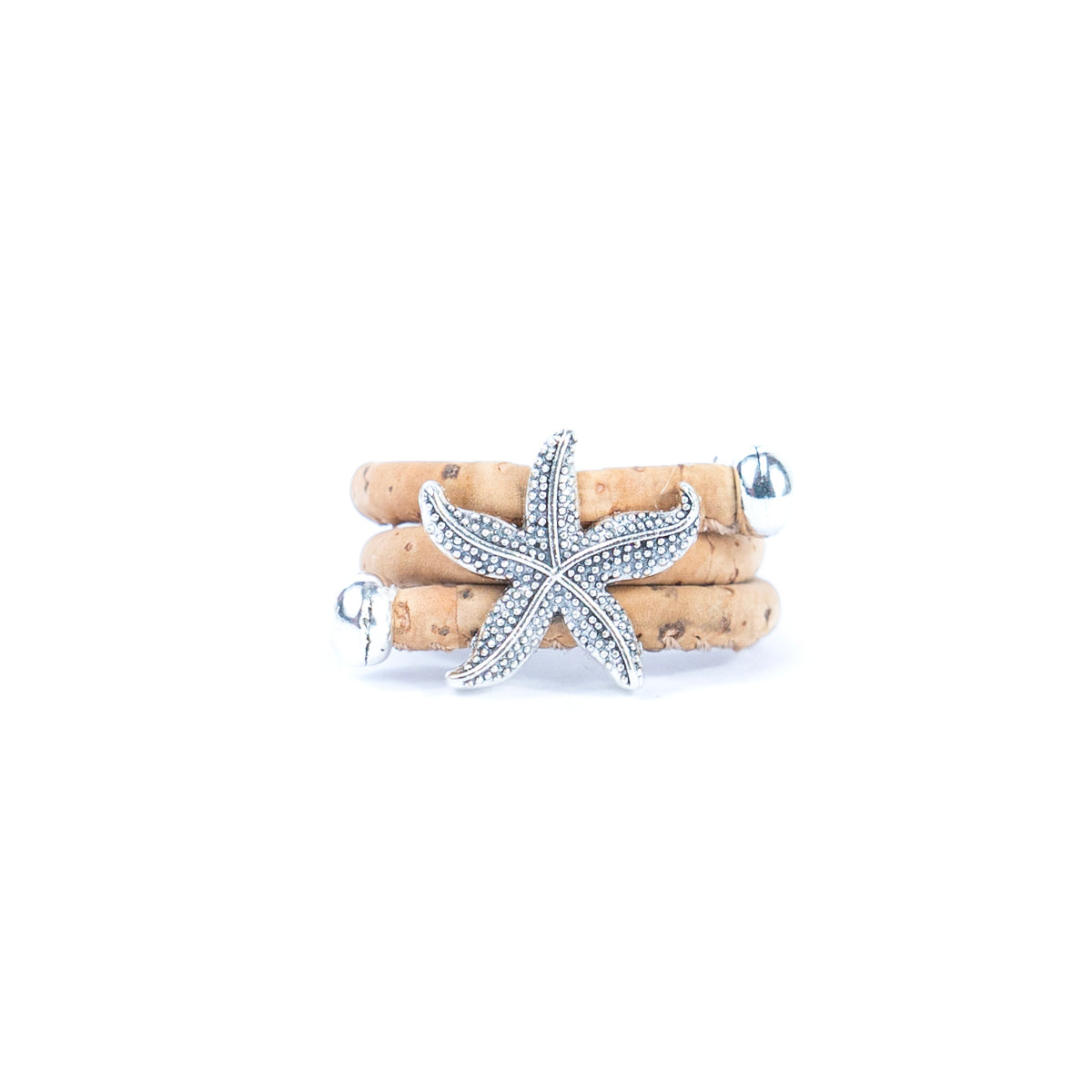 Handcrafted women's ring with natural cork cord and starfish alloy hardware  R-022-MIX-10