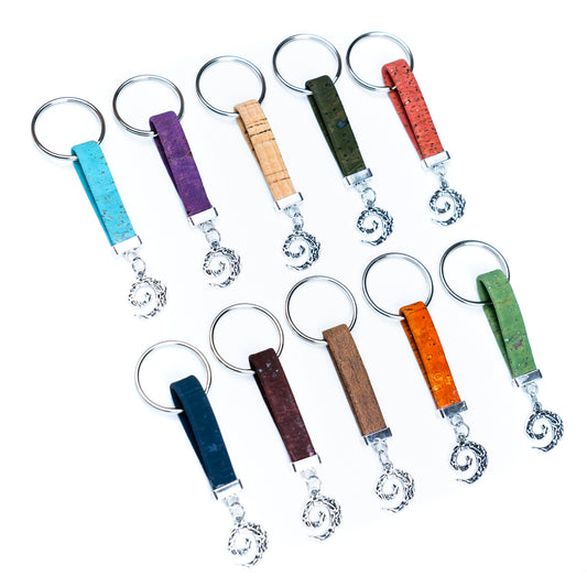 10MM flat natural colored cork cord and l pendant handmade cork keychain  I-04-C-MIX-10