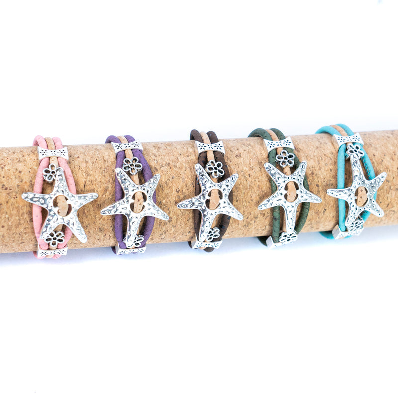 3MM round cork wire and alloy hardware starfish and flowers handmade fashion ladies braceletBR-453-MIX-5