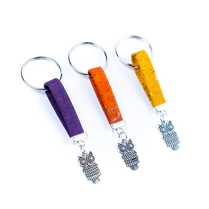 Natural colored cork cord and owl pendant handmade keychain I-086-MIX-10