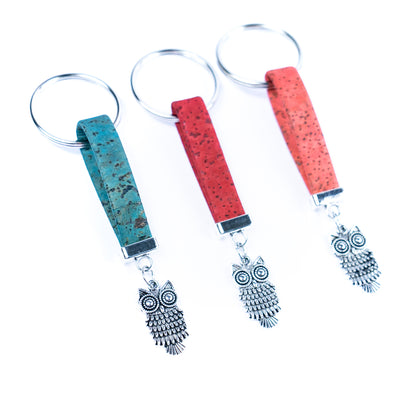 Natural colored cork cord and owl pendant handmade keychain I-086-MIX-10