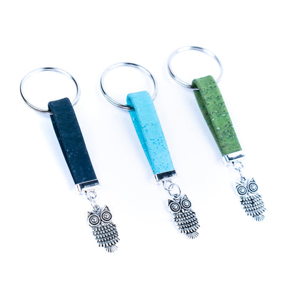 Natural colored cork cord and owl pendant handmade keychain I-086-MIX-10