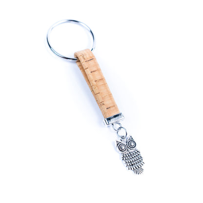 Natural colored cork cord and owl pendant handmade keychain I-086-MIX-10