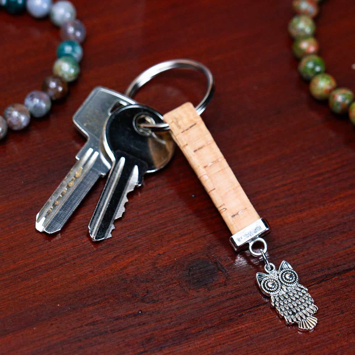 Natural colored cork cord and owl pendant handmade keychain I-086-MIX-10