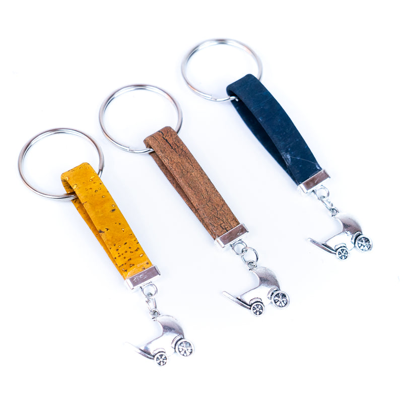Natural colored cork cord and cute stroller pendant handmade keychain I-088-MIX-10
