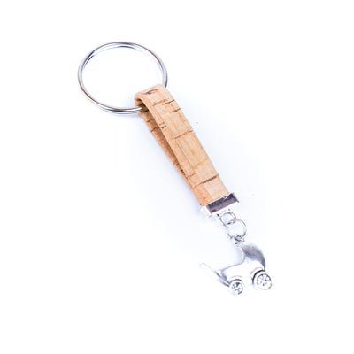 Natural colored cork cord and cute stroller pendant handmade keychain I-088-MIX-10