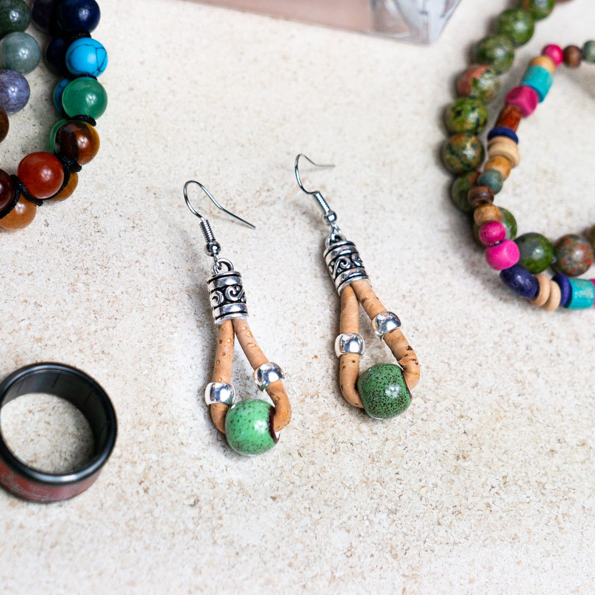 Natural cork and colorful ceramic beads handmade women's earrings-ER-150-MIX-5