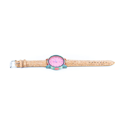 Fashionable watch for women with colored wood dial and natural cork strap WA-453(Without box)