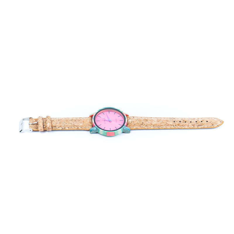 Fashionable watch for women with colored wood dial and natural cork strap WA-453(Without box)