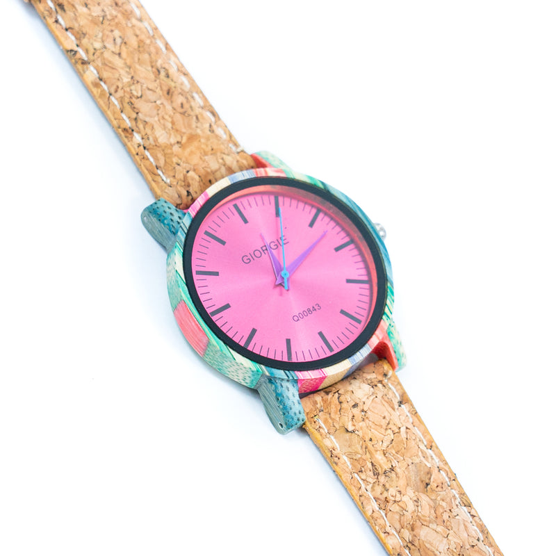 Fashionable watch for women with colored wood dial and natural cork strap WA-453(Without box)