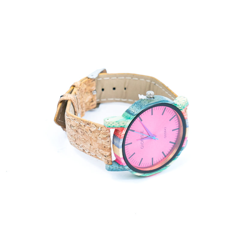 Fashionable watch for women with colored wood dial and natural cork strap WA-453(Without box)