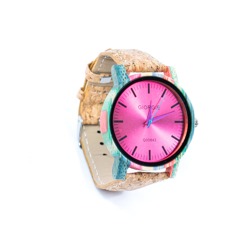 Fashionable watch for women with colored wood dial and natural cork strap WA-453(Without box)