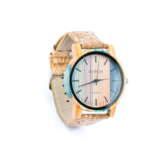 Fashionable watch for women with colored wood dial and natural cork strap WA-454(Without box)