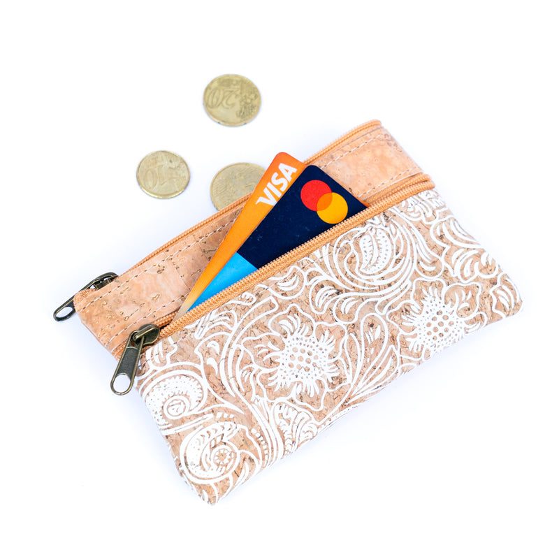 Double-Sided Printed Cork Mini Coin Purse with Three Zipper Pockets BAGP-037 (5units)