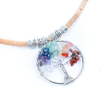 Natural cork cord and Colored stone tree pendant handmade women's fashion necklace NE-1068-5