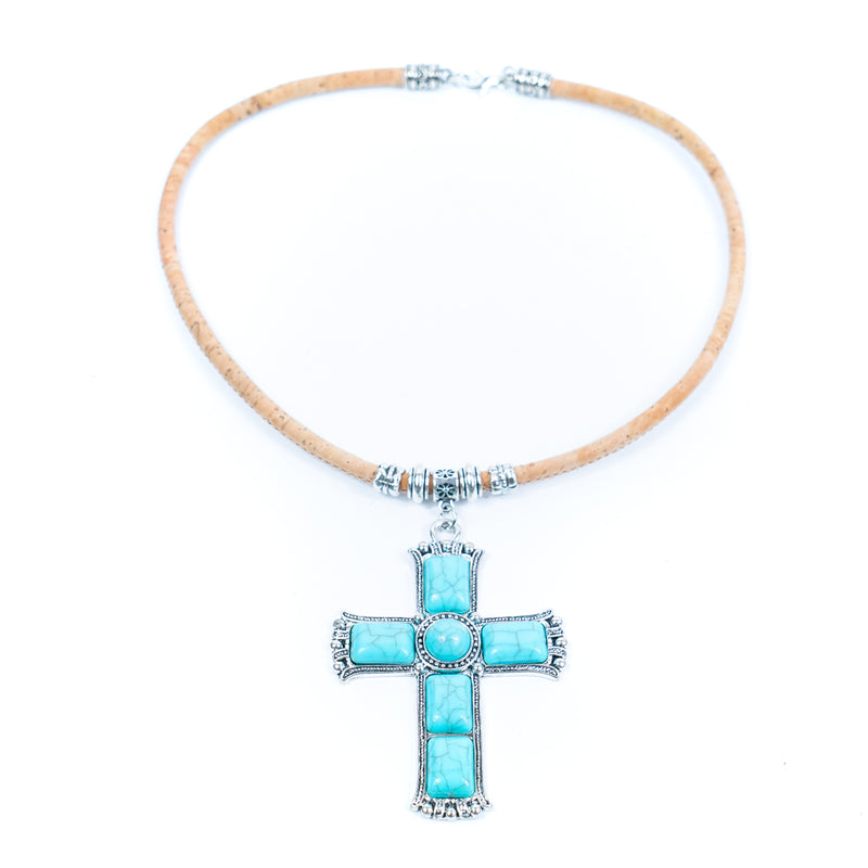 Natural cork cord and alloy cross pendant handmade women&