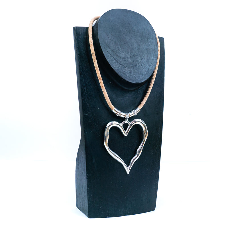 Natural cork cord and hollow heart pendant handmade women&