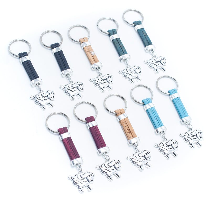 colored cork cord and sheep pendant handmade cork keychain  I-08-MIX-10