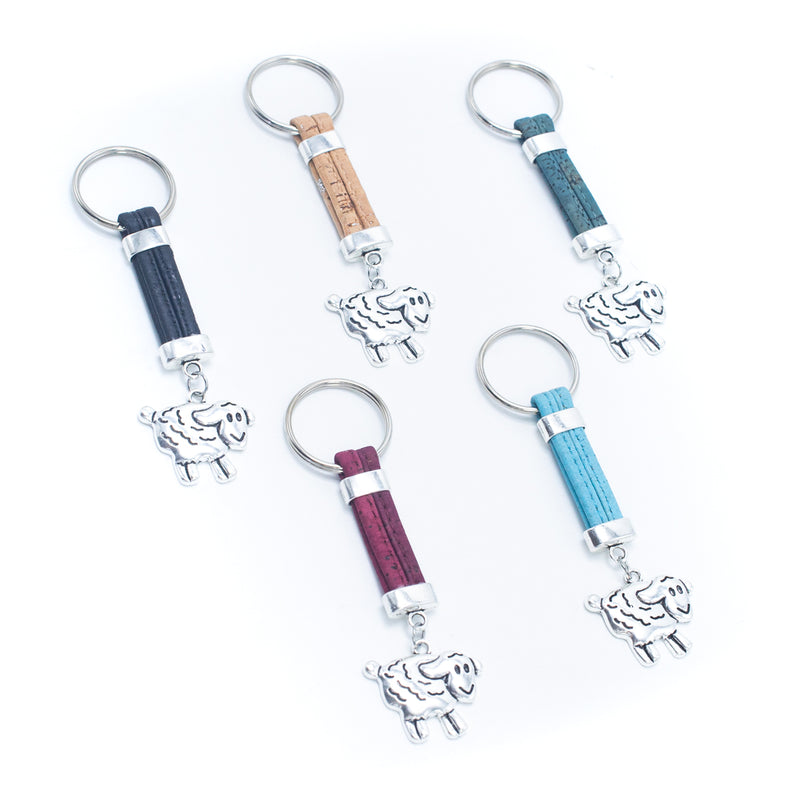 colored cork cord and sheep pendant handmade cork keychain  I-08-MIX-10