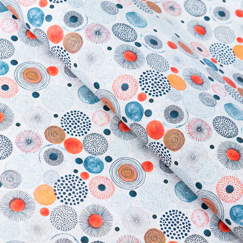 Vibrant Printed Cork Fabric with Artistic Circular Motif Design COF-568