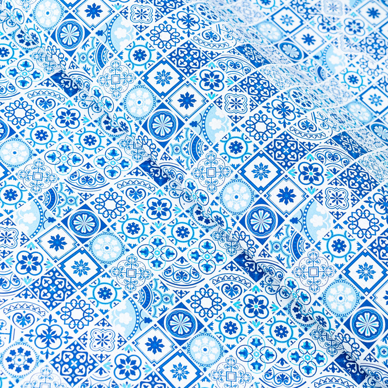 High-Quality Printed Cork Fabric with Blue Portuguese Tile Pattern COF-567